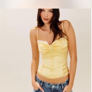 Reformation Yellow Satin Ruched Cami Top